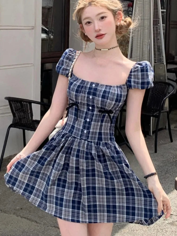 TAVIMART  -  Y2K Plaid Short Dresses for Women Princess Birthday Party Dress Puff Sleeve Square Collar Bow Prom Summer Mini Vestidos Mujer Halter Neckline Beach