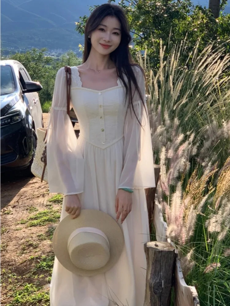TAVIMART  -  French Vintage Flare Sleeve Midi Dresses for Women Square Collar A-line Autumn New Casual Solid Party Dress Female Clothing Tunics Fashionable trendy