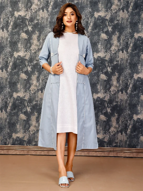 Women's Blue And White Linen Blend Shift Dress & Cape - Komarri Tunics Corduroy durable