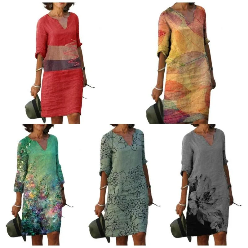 Printed Casual Loose Waist Mid-skirt Dress Tunics Sophisticated sleek