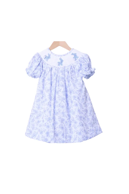 Smocked Blue Floral Bishop Bunny Bow Bubble Dress Tunics Luxurious high-end