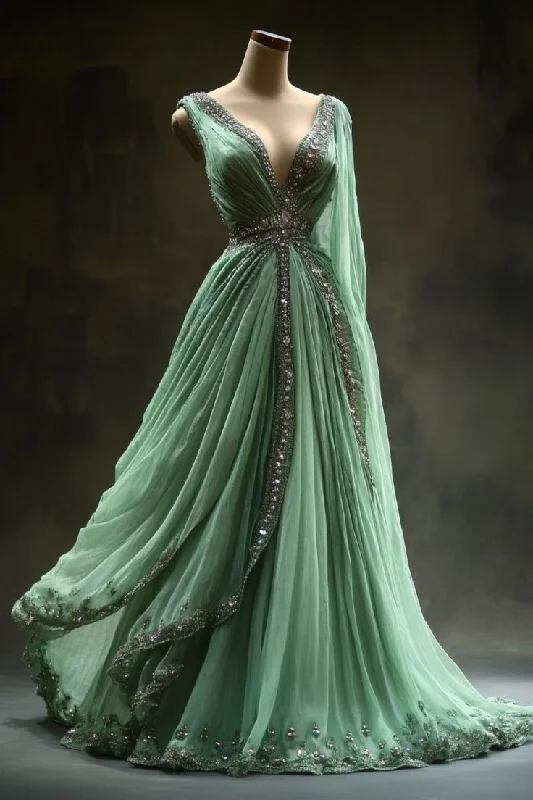 Bonnyshow Aesthetic Ball Gown V Neckline Green Tulle Party Dress Long Prom Dresses Evening Dresses SD1787 Tunics Solid Classic