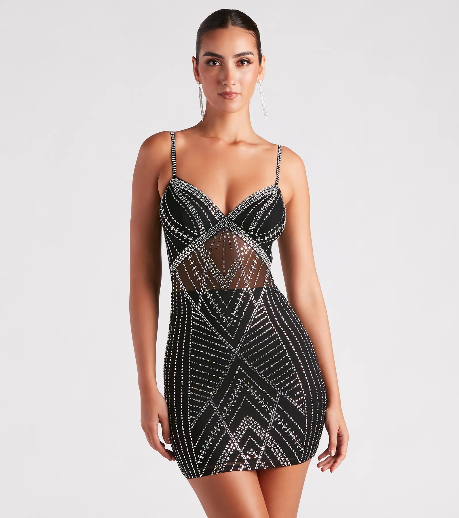 Nessa Rhinestone Mesh Party Dress Turtleneck Neckline Stylish