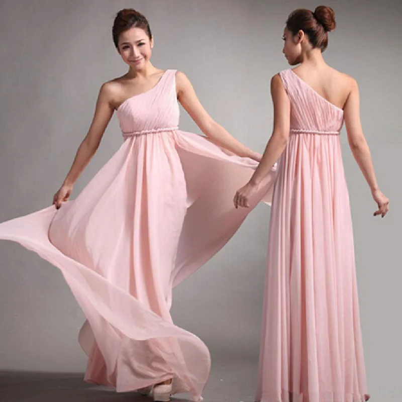 Popular Junior One Shoulder Pink Chiffon Simple Cheap Long Pleating Wedding Party Dress Hot Sale Bridesmaid Dresses, WG49 Tunics Fall fleece