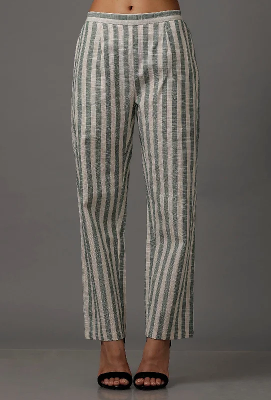 Green and White Stripes Pure Woven Cotton Pants Chic Checkered Pants