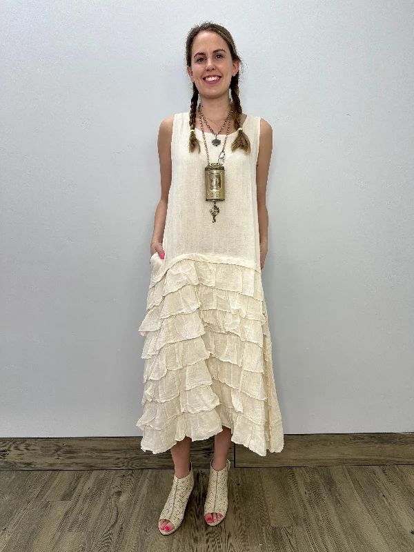 Cream Sleeveless Long Dress with Ruffle Accent and Pockets Tunics Prom sequined