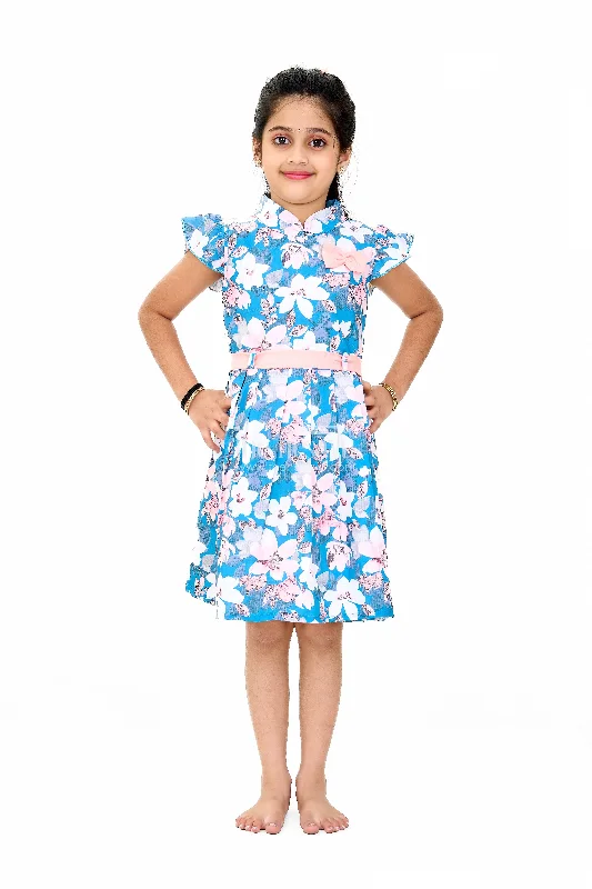 Girls Disney Princess Fancy Dress with Floral Print and Puff Sleeves Tunics Trendy modern