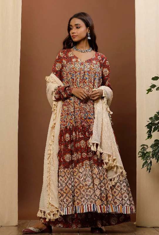 Set of 3: Rust Red & Beige Kalamkari Cotton Kurta With Red Flared Pants & Beige Kota Dupatta Soft Stretch Trousers