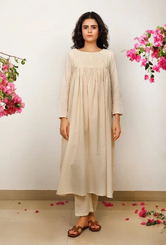 Set of 2: Beige Gathered flared Cotton embroidery detailing Kurta with Beige Cotton straight Pants Formal Linen Trousers