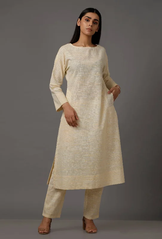 Set of 2: White Pure Woven Cotton Kurta and Pants Modern Stretch Trousers