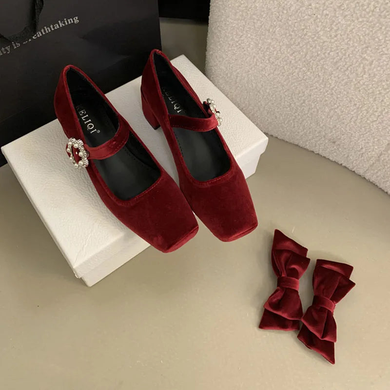 TAVIMART  -  2025 Spring New Fashion Thick Low Heels Shoes Women Sweet Bow Knot Mary Janes Shoes French Velvet Pumps Party Dress Pumps Mujer Turtleneck Warm Winter