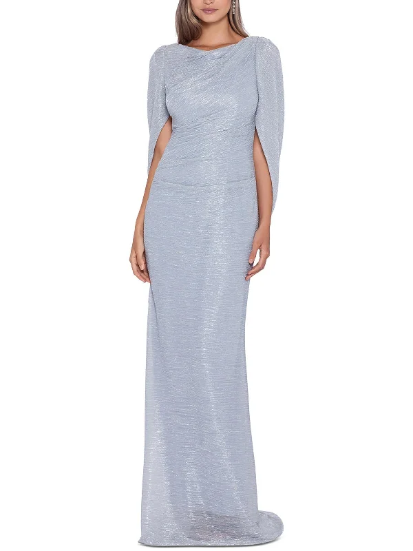 Womens Metallic Ruched Evening Dress Boat Neckline Classic