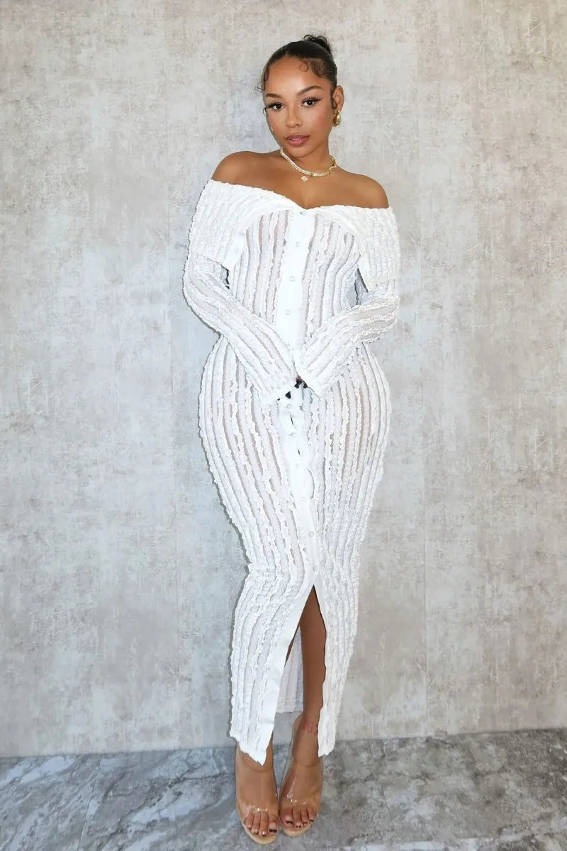 Bonnyshow Lace Ruffle Women Sexy Bodycon Maxi Dress Slash Neck Off Shoulder Long Sleeve Single Breasted Slim Club Party Dresses Streetwear Tunics Ceremony elegant