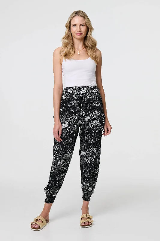 Elephant Print Relaxed Harem Pants Comfortable Cargo Pants