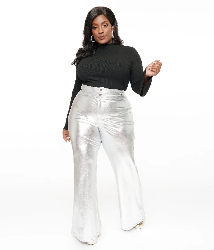 Smak Parlour Plus Size 1960s Metallic Silver High Waist Flare Pants Stretch Fit Pants Smak Parlour Plus Size 1960s Metallic Silver High Waist Flare Pants Stretch Fit Pants