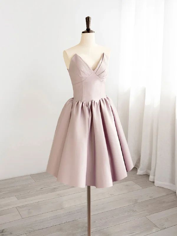 Pale Pink V-Neck Satin Short Party Dress 8th Grade Dance Dress Tunics Top Casual