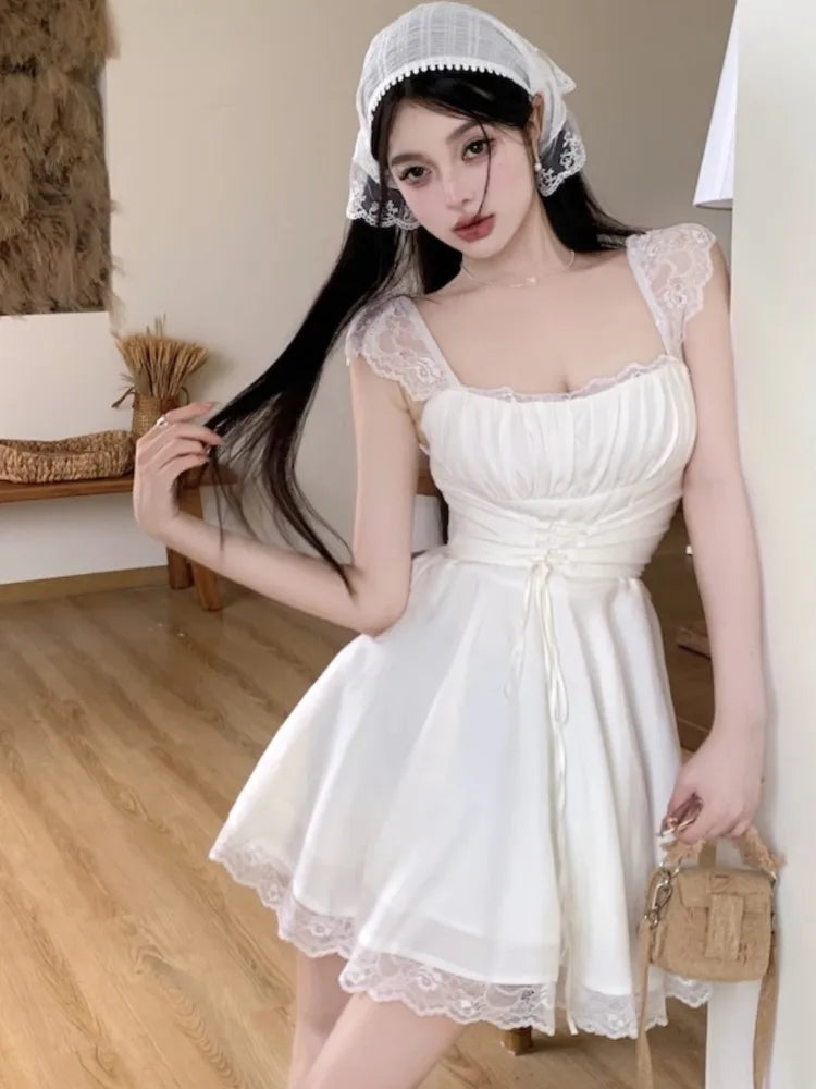 TAVIMART  -  Y2K Lace Short Dresses for Women Lace-up Square Collar Birthday Party Dress Summer New Slim A-line Korean Fashion Mini Vestido Tunics Designer luxury