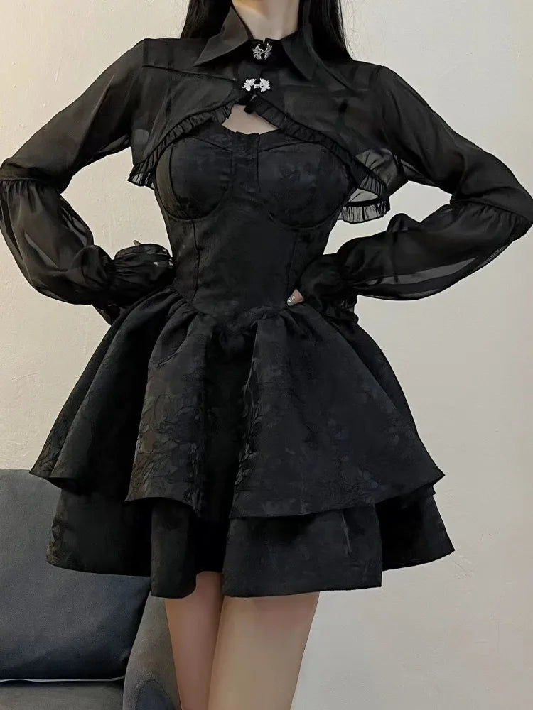 Bonnyshow  Black Sexy Lolita Dress Women Gothic Vintage Mini Dresses Harajuku Long Sleeve Fairy Two-piece Dresses Party Dress Sets Tunics Occasion special