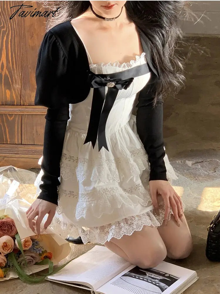 Tavimart Sweet A-LINE Mini Dress Women Korean Lace Party Dress Spring Lady Elegant Lace Cake Dress Female Casual Dress With Bow empire Waist empire