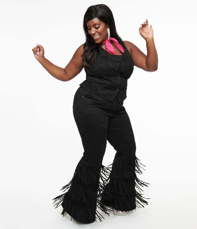 Smak Parlour Plus Size 1970s Black Suede Tassel Flare Pants Cozy Knit Pants