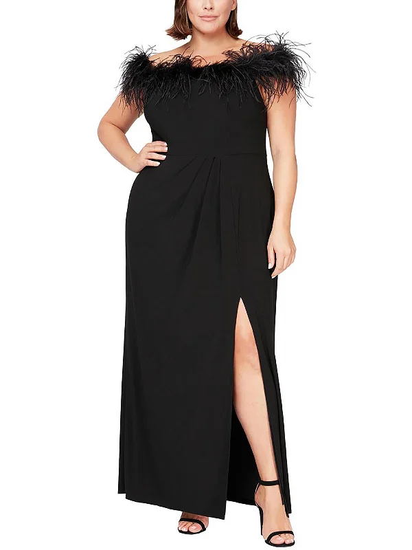 Plus Womens Off-The-Shoulder Feather Evening Dress Tunics Practical durable