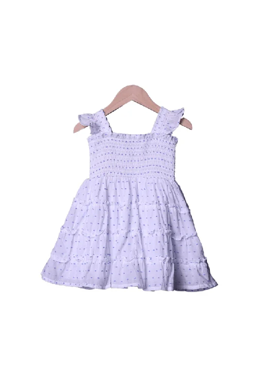White and Blue Swiss Dot Little Girl Matching Dress Crew Neckline Sporty