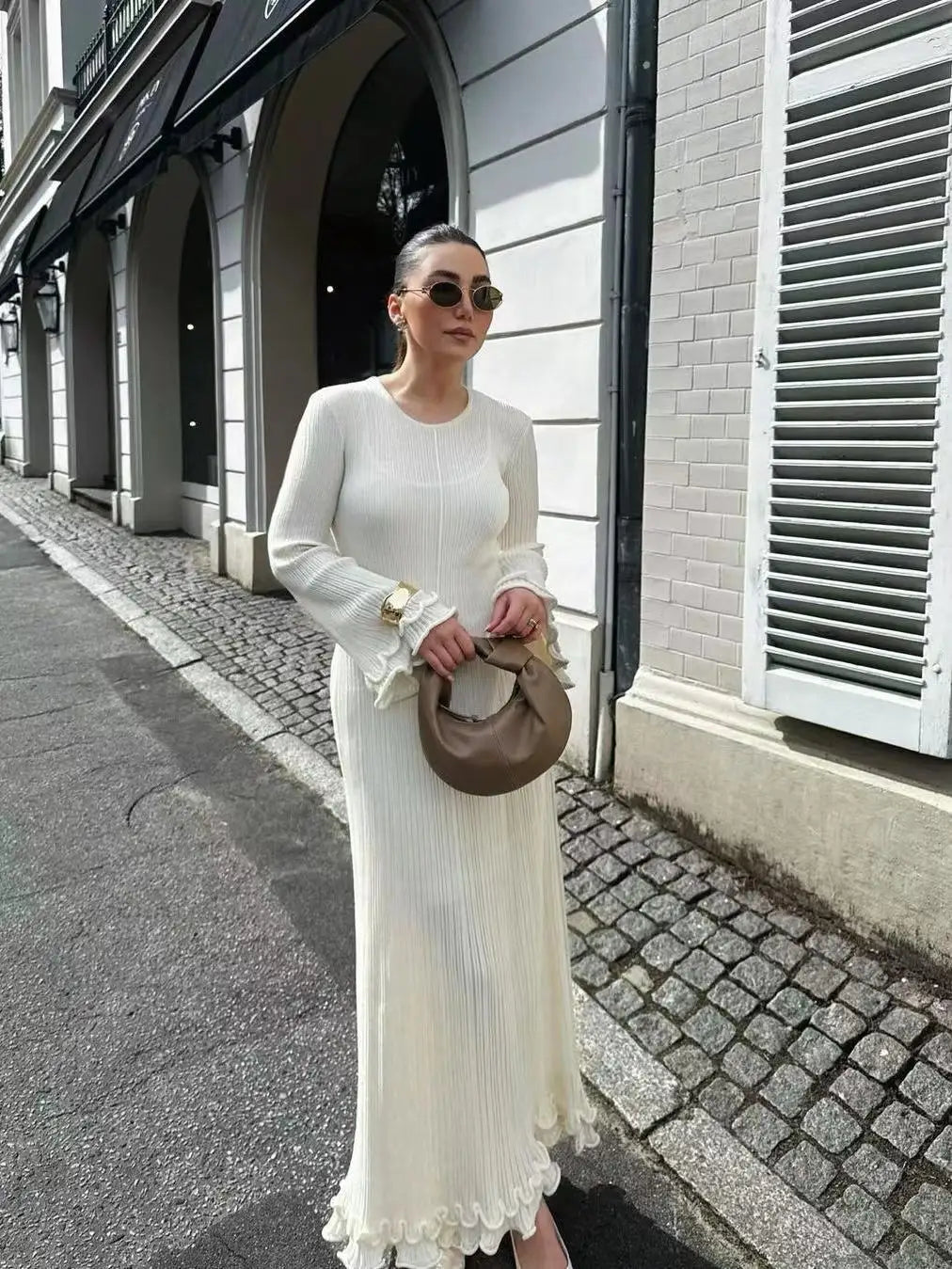 TAVIMART  -  Autumn New Ladies Elegant Flared Sleeve Knitted Dress Women Fashion Crew Neck White Slim Robes Summer Female Party Dresses Tunics Canvas sturdy