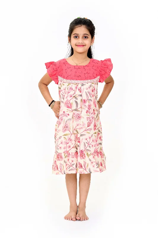 Charming Girls Cotton Lined Dress with Floral Print and Elegant Lace Detailing Tunics Practical durable