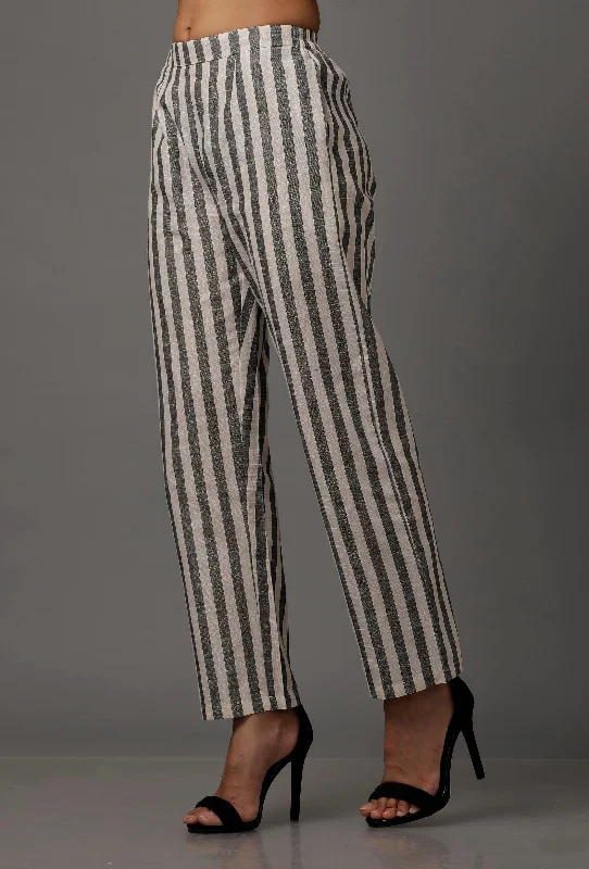 Black and White Stripes Pure Woven Cotton Pants Comfortable Denim Pants