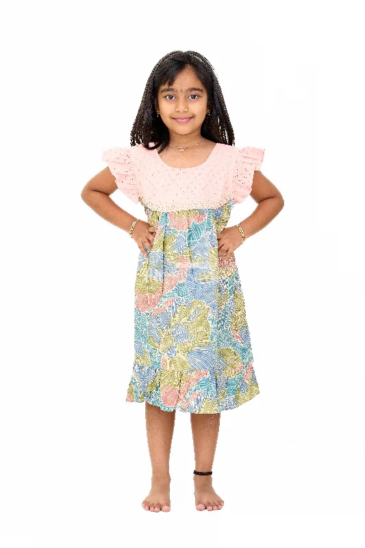 Trendy Girls Cotton New Dress with Vibrant Leaf Print and Lace Yoke Tunics Stylish elegant