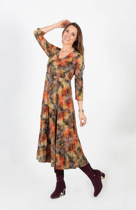 Orange Pattern Tiered V-Neck Long Dress Tunics Business professional
