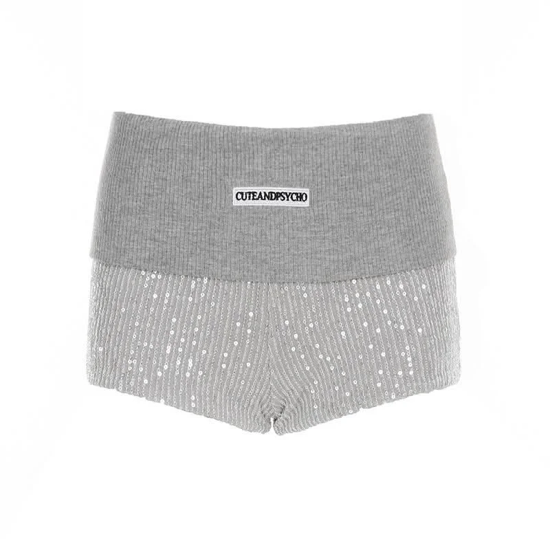 Glitter knitted patchwork letter pattern short pant High-Waist Jeans