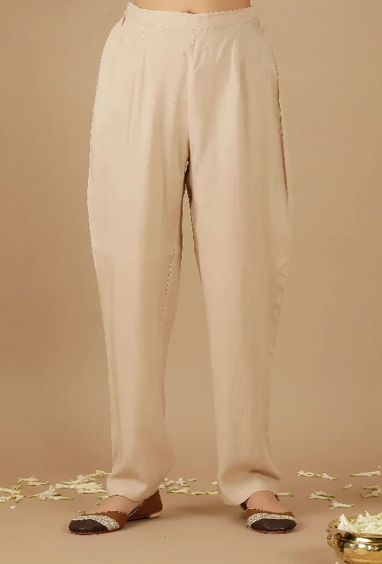 Beige Plain Rayon Straight Pants Classic Stretch Pants