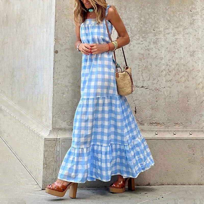 Bonnyshow Fashion Square Neck High Street Long Dress Women Sleeveless Draped Party Dress Summer Off Shoulder Plaid Print Suspender Dresses Tunics Bestseller popular