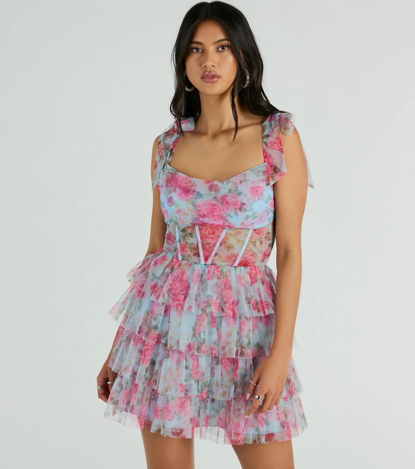 Mandy Corset Ruffle Rose Floral A-Line Party Dress Glittery Long Formal