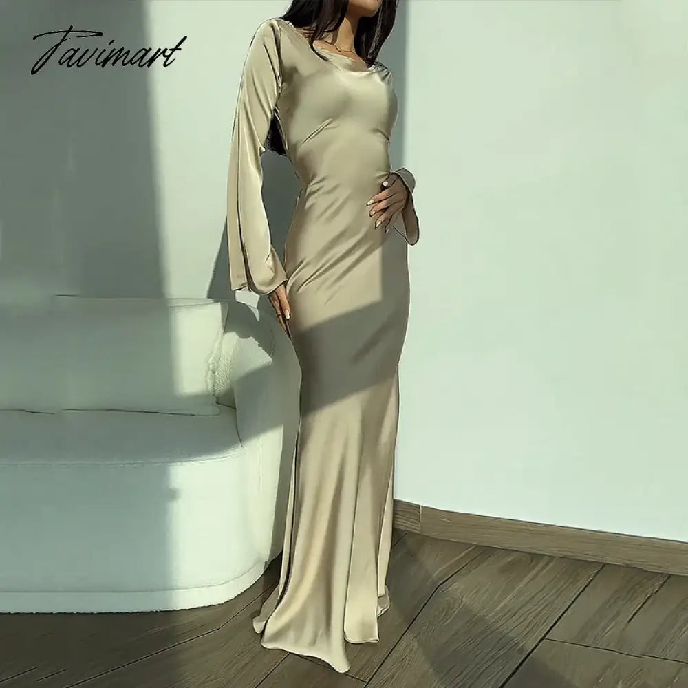 Tavimart Women Long Dress Autumn Fashion Simple Round Neck Satin Flare Sleeve Lace Up Slim Evening Party Dresses Streetwear Tunics Chic elegant