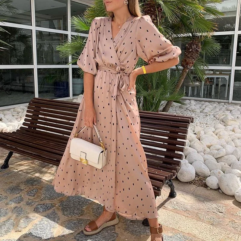 V-neck high waist lace up split holiday long dress Square Neckline Feminine