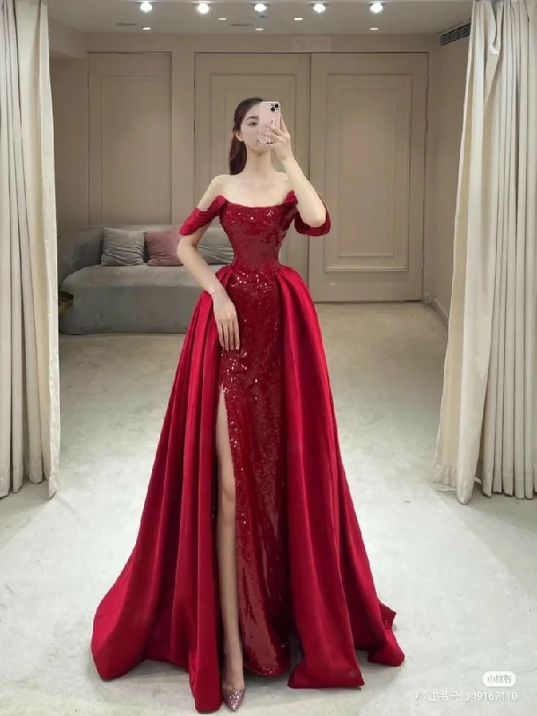 Bonnyshow Classy Mermaid Off The Shoulder Red Long Party Dress Sequin Prom Dresses SD1801 Tunics Velvet soft
