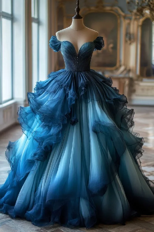 Bonnyshow Retro Light Off The Shoulder Tulle Blue Party Dress Prom Dress Evening Dress SD1756 Tunics stripes playful