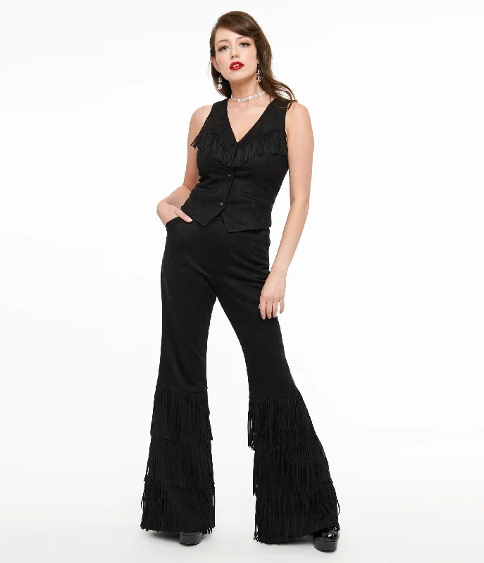 Smak Parlour 1970s Black Suede Tassel Flare Pants Soft Wool Pants