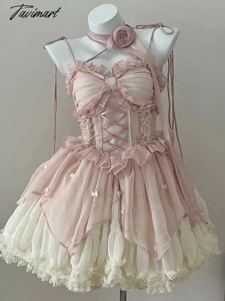 Tavimart Summer Women Sweet Pink Lolita Dress Female Ruffle High Waist prom Mini Dress Japanese Summer Girl Kawaii Party Dresses Tunics Handmade artisanal