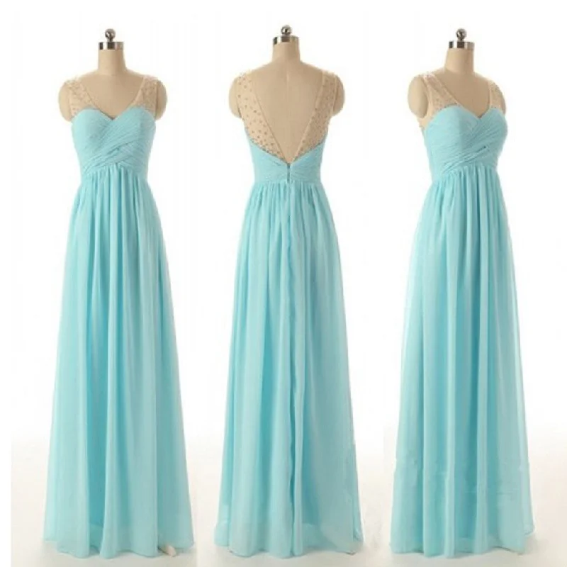 Junior Off Shouler V-neck Blue Chiffon Formal A Line Floor-Length Wedding Party Dresses for Bridesmaid, WG56 Tunics Designer luxury