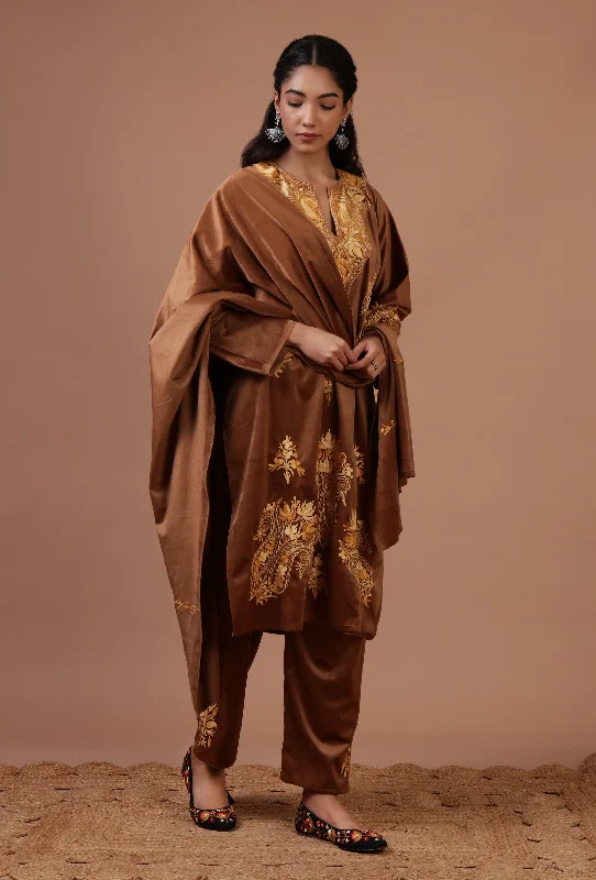 Brown Velvet Ari Embroidered Kurta, Pant And Dupatta Set- Free Size Trendy Printed Leggings