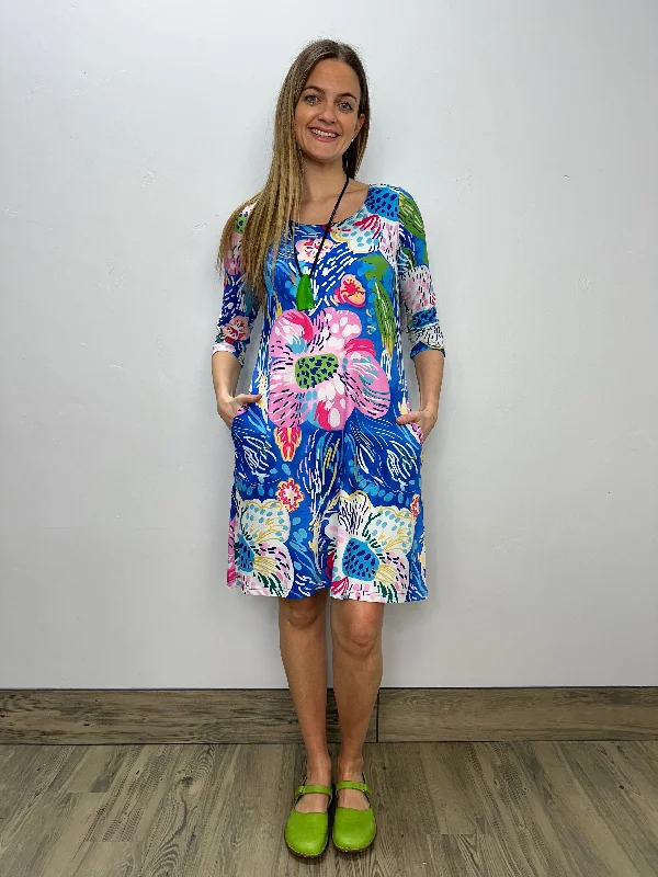 Pink and Purple Floral Pattern Scoop Neck 3/4 Sleeve Dress Tunics Leisure comfortable Pink and Purple Floral Pattern Scoop Neck 3/4 Sleeve Dress Tunics Leisure comfortable