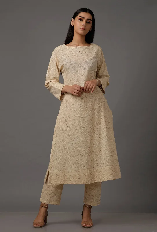 Set of 2: Cream White Pure Woven Cotton Kurta and Pants Elegant High-Waist Pants