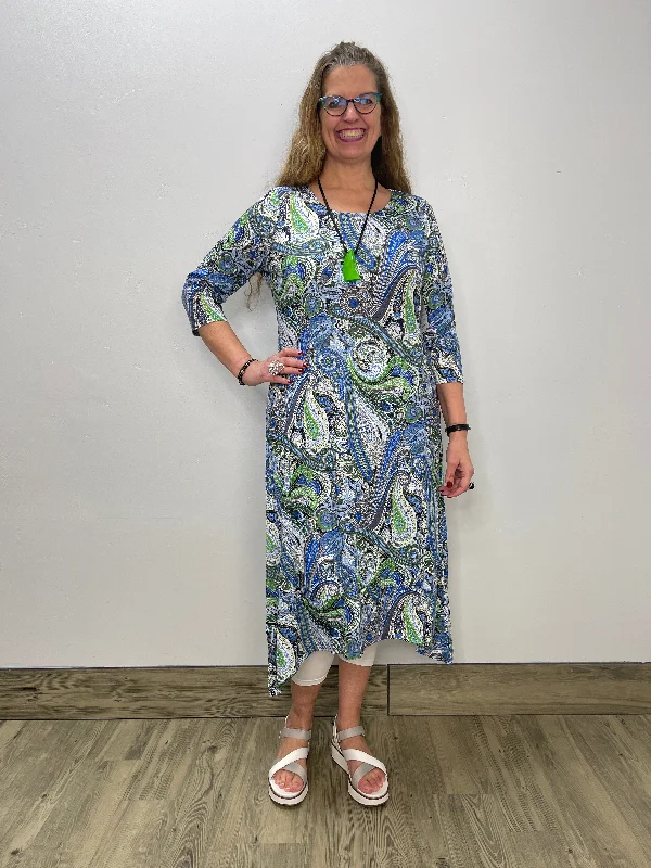 Blue Green Paisley Cap Sleeve Full Length Dress Tunics Plaid country
