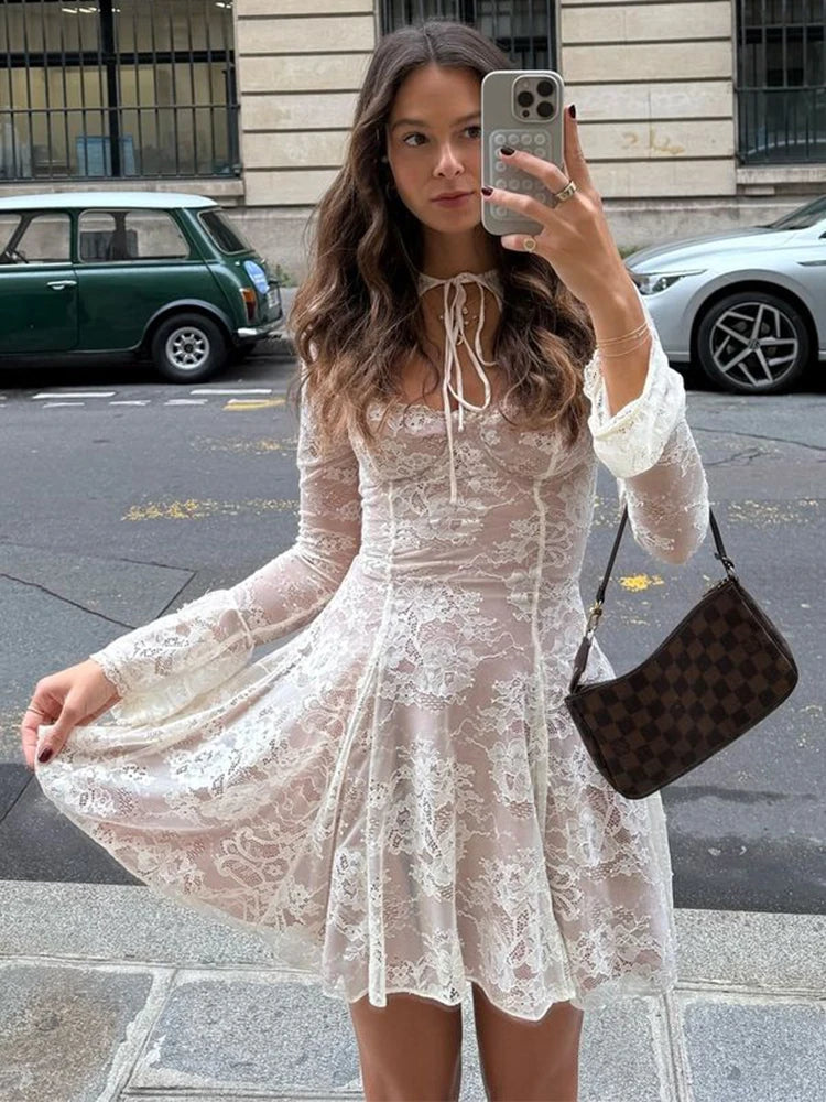 TAVIMART  -  Low Neck Elegant Dress Women Slim Lace Long Sleeve High Waist Pleated Short Vestido Summer Fashion Patchwork Party Dress Tunics Sophisticated sleek