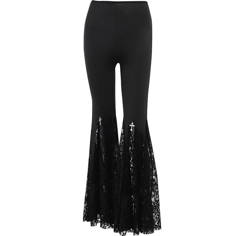 Lace patchwork solid cross applique flared pant Modern Skinny Pants