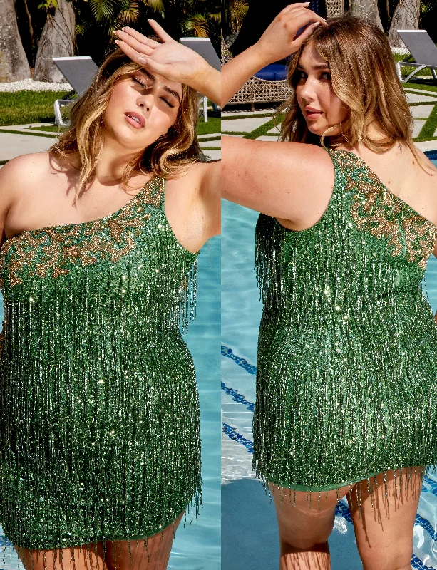 Primavera Couture 14026 Curvy Cocktail Dress One Shoulder Sequin Embroidered Top Beaded Fringe Bodice Curvy Homecoming Dress Tunics Winter warm