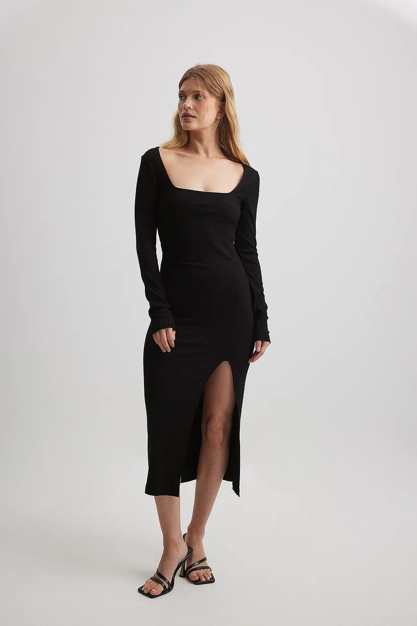 Square Neck Slit Rib Dress Tunics Evening elegant